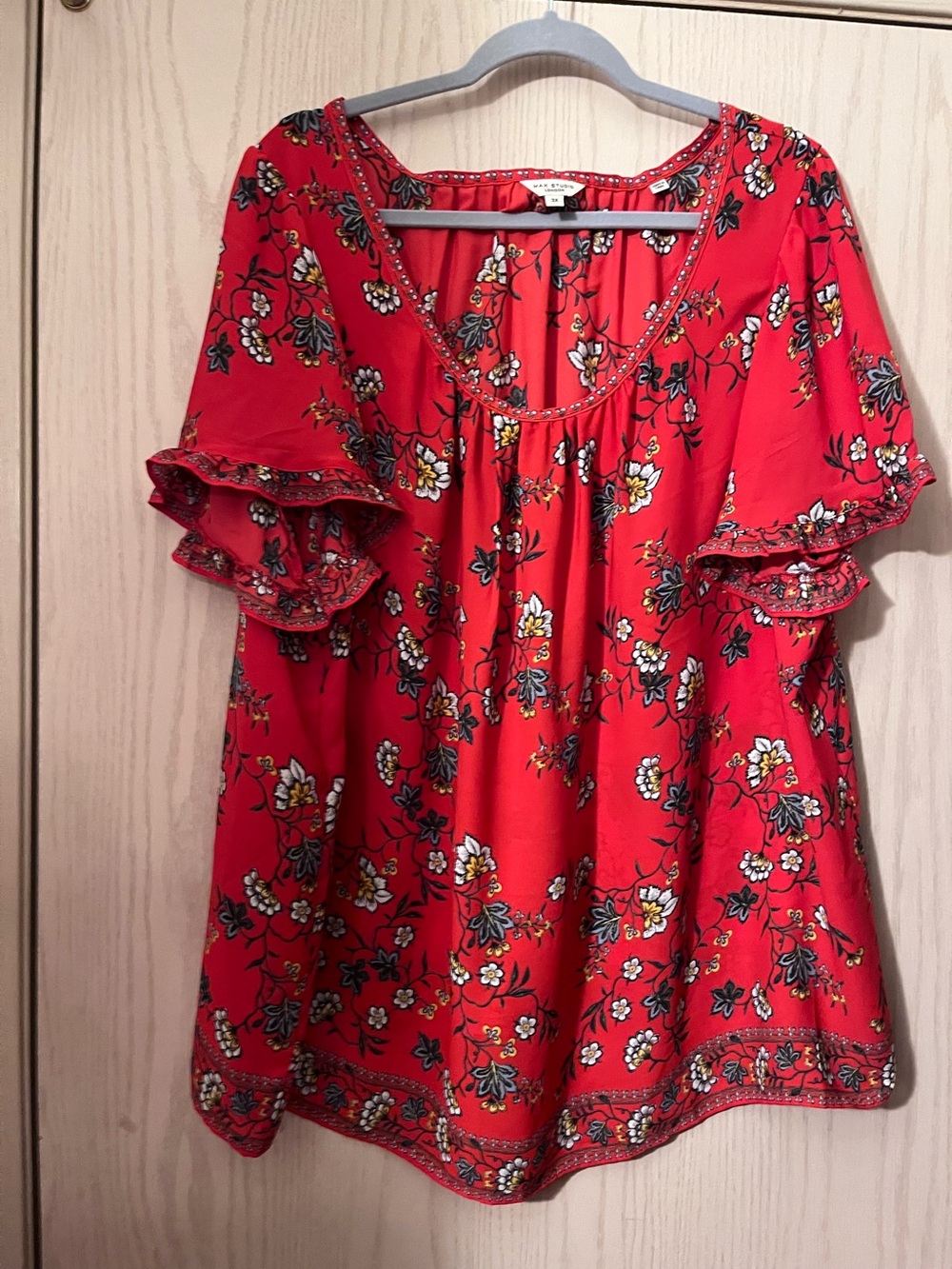 Max Studio Red Floral Ruffle Sleeve Tunic